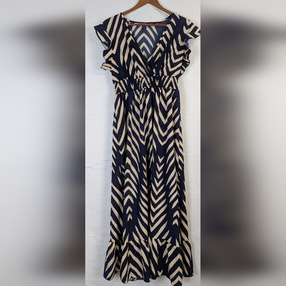 Shein Maxi Dress Blue Chevron Smocking Coastal Resort Office Cottage Medium